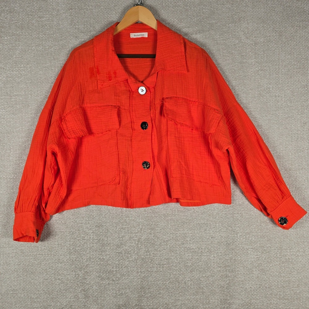 Bucketlist Womens Orange Cotton Gauze Cropped Button Up Shacket T1539 Small